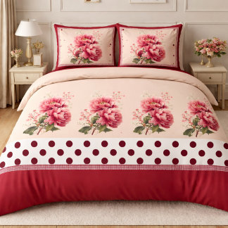 Blush Peony Floral Duvet Cover with Polka Dot Bord