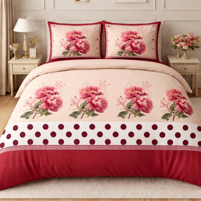 Blush Peony Floral Duvet Cover with Polka Dot Bord (Creator Uploaded)