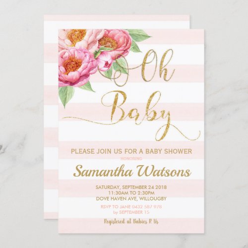 Blush Peony Floral Oh Baby Shower Invitation Girl