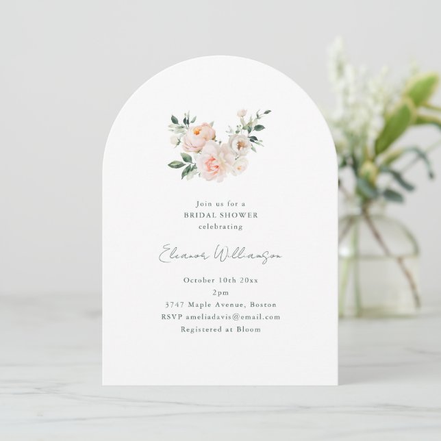 Blush Peony Floral Pink Arch Minimal Bridal Shower Invitation (Standing Front)