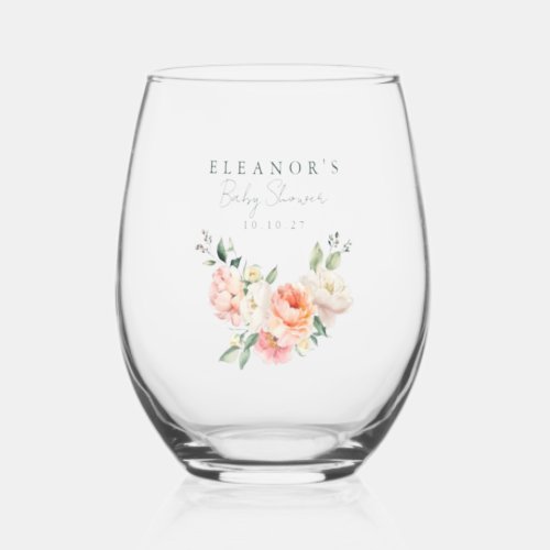 Blush Peony Floral Watercolor Pink Baby Shower Stemless Wine Glass