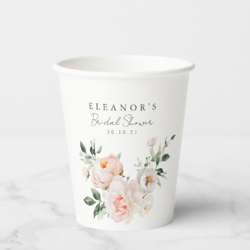 Blush Peony Floral Watercolor Pink Bridal Shower Paper Cups
