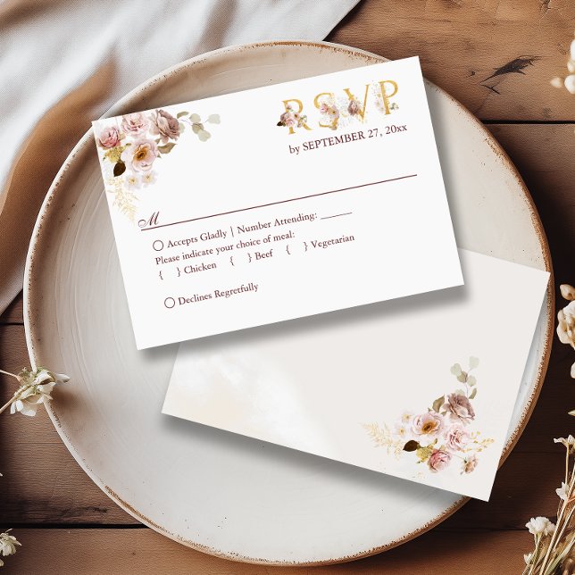 Blush Peony & Gold Burgundy Floral Meal Options RSVP Card (Creator Uploaded)