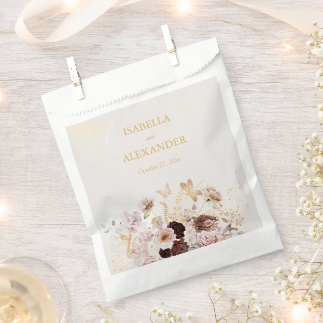 Blush Peony & Gold Burgundy Floral Wedding Favor Bag (Clipped)
