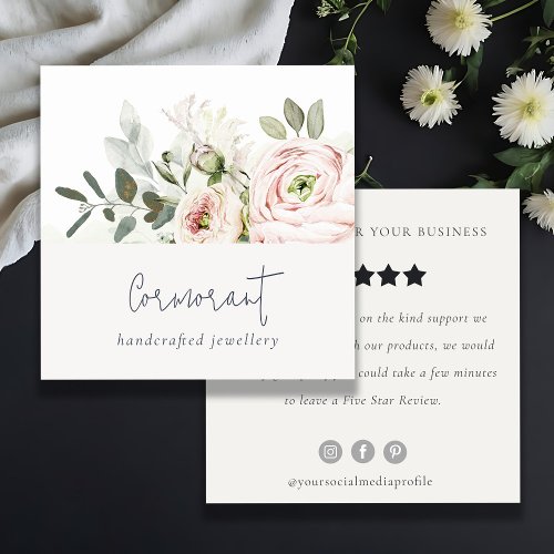 Blush Peony Leafy Botanical Floral Review Request Square Business Card