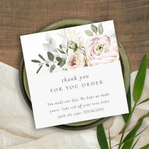 Blush Peony Leafy Botanical Floral Thank You Order Square Business Card