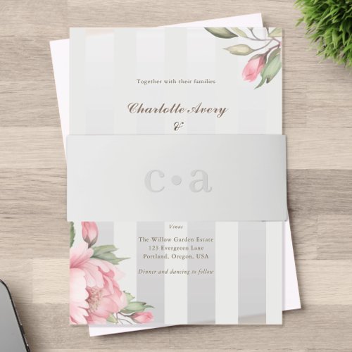 Blush Peony Monogram Grey Wedding Invitation Belly Band