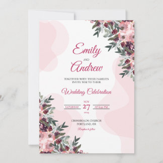 Blush Peony Plum Elegant Floral Watercolor Wedding Invitation