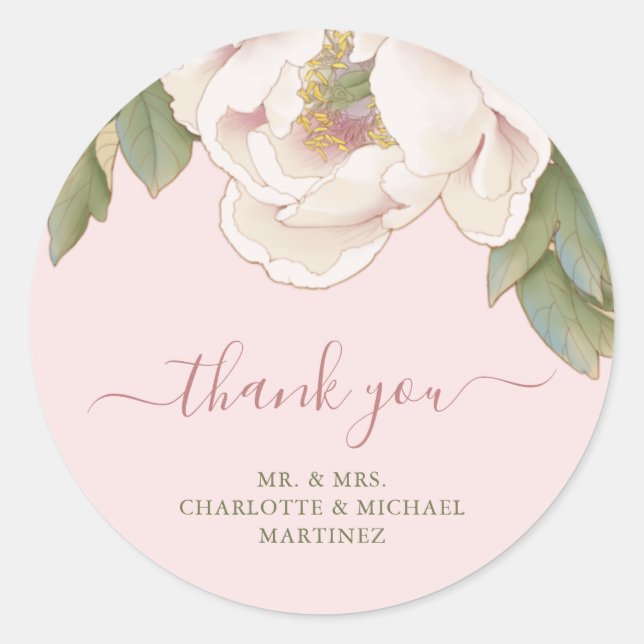 Blush Peony Rose Wedding Thank You Favor Sticker (Front)