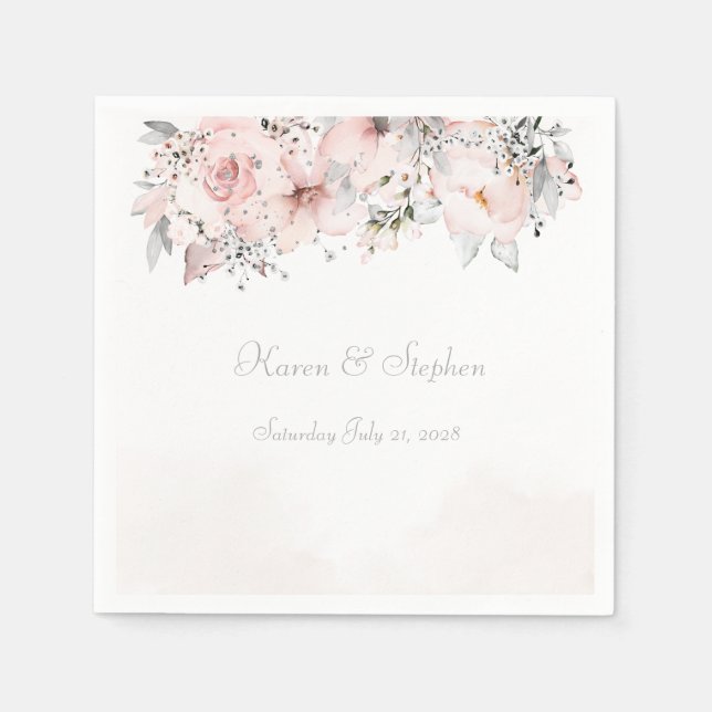Blush Peony Silver Eucalyptus Wedding Cocktail Napkins (Front)