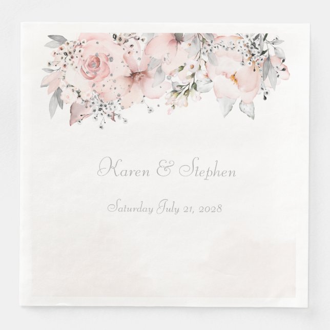 Blush Peony Silver Eucalyptus Wedding  Paper Dinner Napkins (Front)
