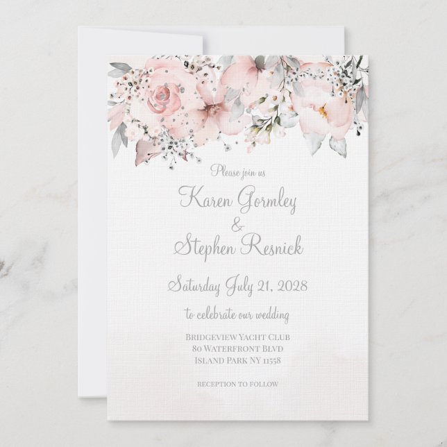 Blush Peony Silver Eucalyptus Wedding Surnames  Invitation (Front)