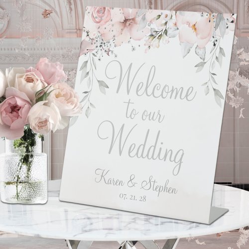 Blush Peony Silver Eucalyptus Welcome To Wedding Pedestal Sign