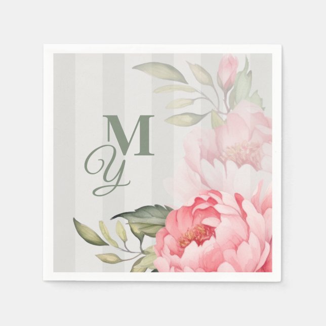 Blush Peony Wedding Monogram | Chic Floral Paper Napkins (Front)