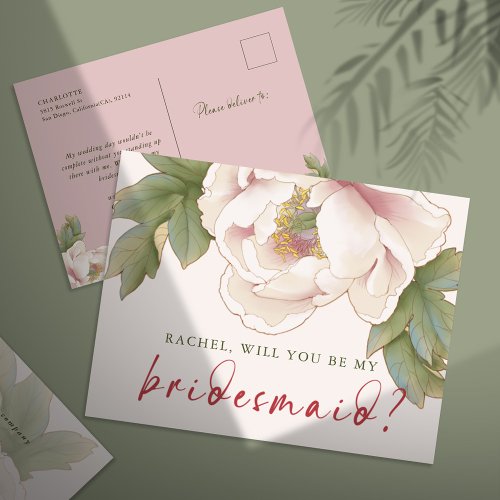 Blush Peony Will You Be My Bridesmaid Proposal Postcard