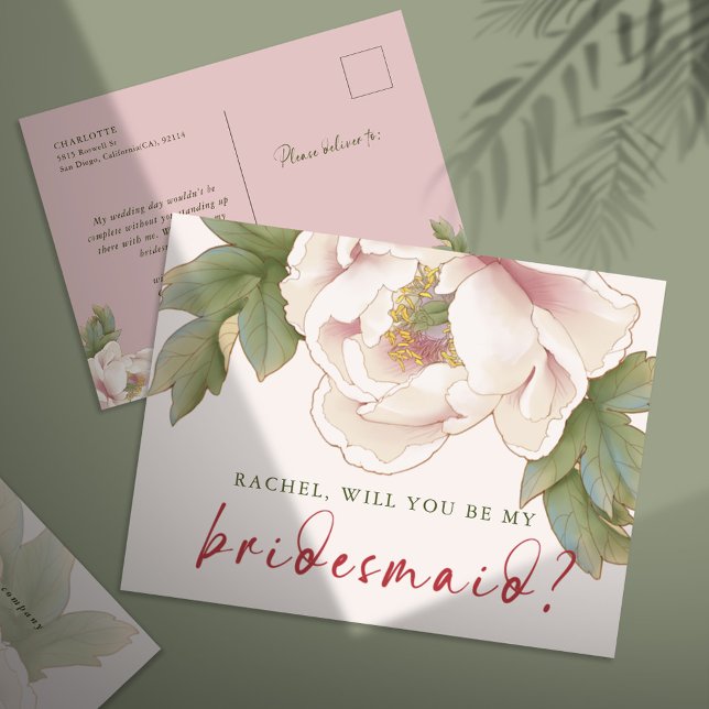 Blush Peony Will You Be My Bridesmaid Proposal Postcard (Creator Uploaded)