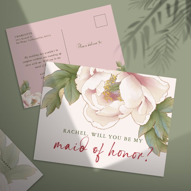 Blush Peony Will You Be My Maid of Honor Proposal  Postcard (Creator Uploaded)