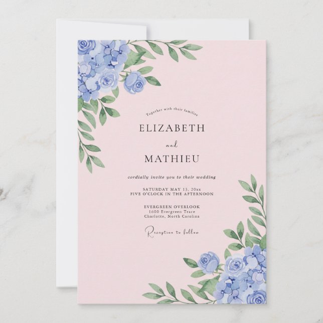 Blush Periwinkle Hydrangea Eucalyptus Wedding Invitation (Front)