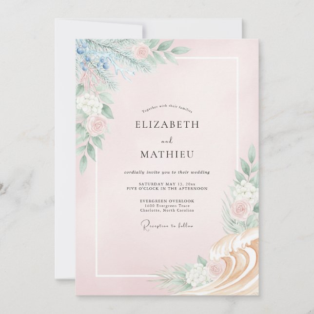 Blush Periwinkle Ranunculus Eucalyptus Wedding Invitation (Front)