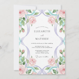 Blush Periwinkle Ribbon Eucalyptus Wedding Invitation