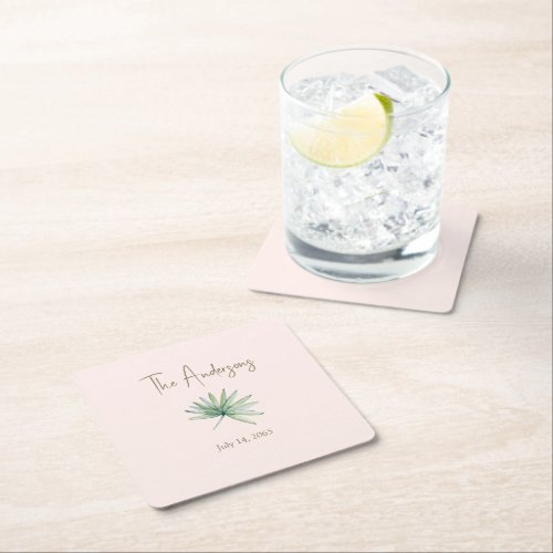 Blush Personalized Tropical Wedding Square Paper Coaster