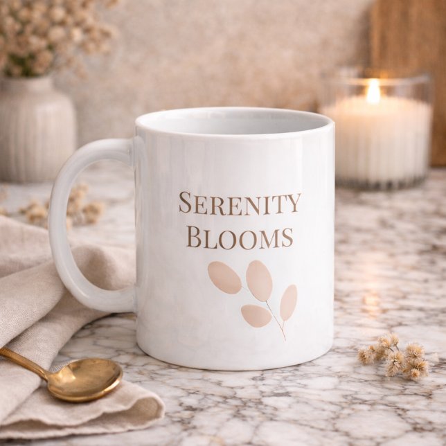Blush Petal Script Classic Mug, 11 oz Coffee Mug (White ceramic with a blush petal accent and taupe serif text adds polish to daily coffee rituals.)