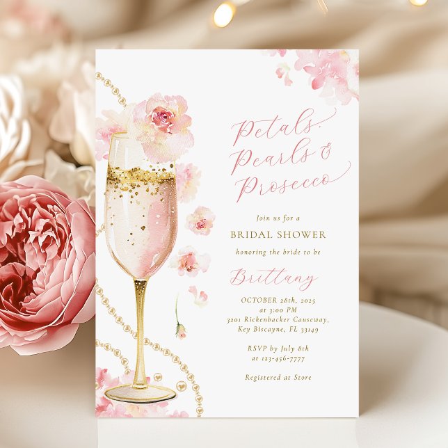 Blush Petals, Pearls & Prosecco Bridal Shower Invitation (Creator Uploaded)