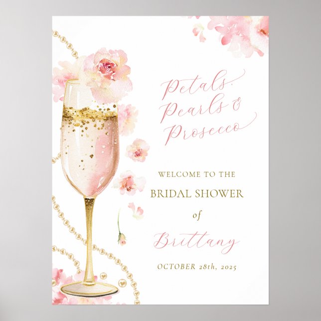 Blush Petals Pearls Prosecco Bridal Shower Poster (Front)