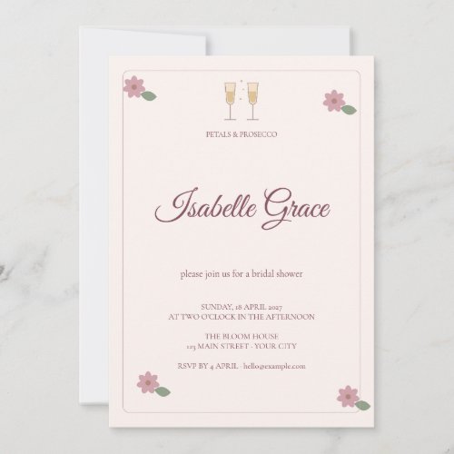 Blush Petals Prosecco Script Bridal Shower Invitation