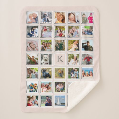 Blush Photo Collage Monogram Gray Frame 34 Photos Sherpa Blanket - Make a collage of 34 of your favorite photos commemorating a special event, occasion or milestone or for a special gift. Includes a monogram in the center. You can change the BLUSH PINK background color to coordinate with your photos, color scheme or home decor by clicking on the CUSTOMIZE FURTHER tab. 
PHOTO TIP:  For fastest/best results, choose photos with the subject in the middle and/or pre-crop them to a square shape BEFORE uploading and they will fill the photo spaces perfectly. The monogram text font style and color can be changed as well as the size can be reduced to add text/title/name instead of an initial. Design it your way! Contact the designer if you'd like this design modified or on another product.