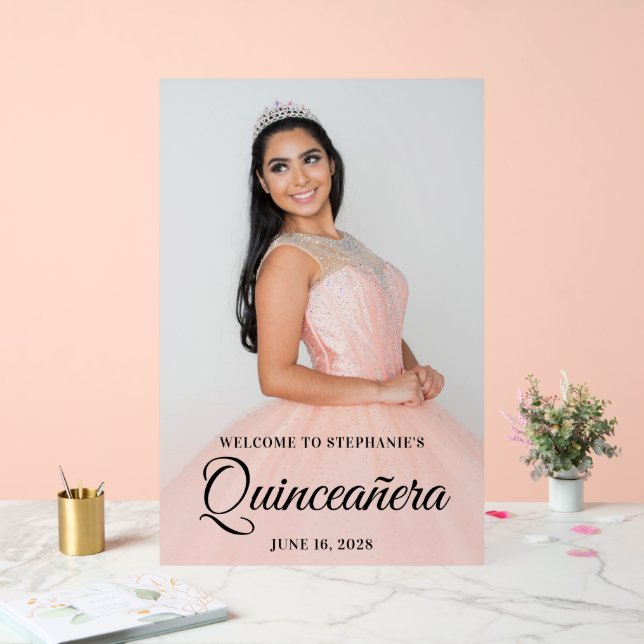Blush Photo Overlay Elegant Script Quinceañera Acrylic Sign (Wedding)