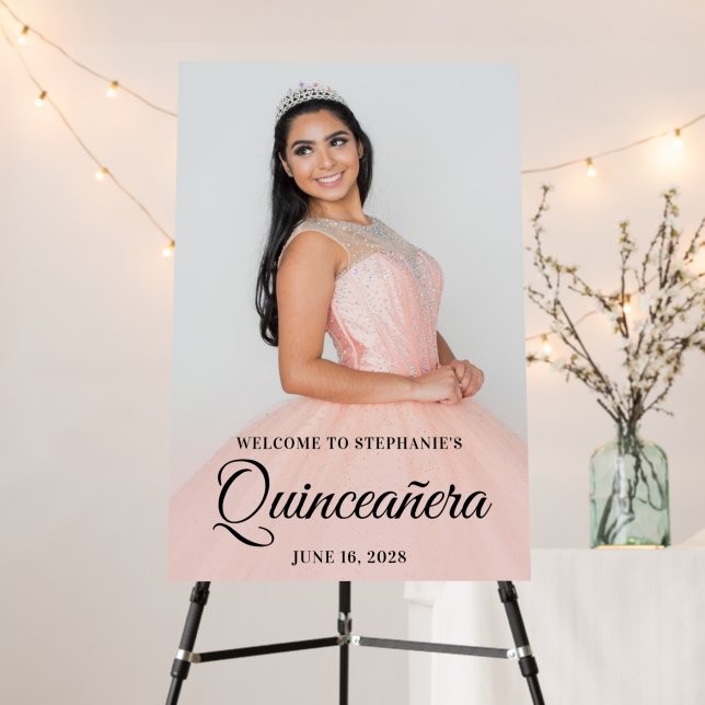 Blush Photo Overlay Elegant Script Quinceañera Foam Board (In Situ (Stand))
