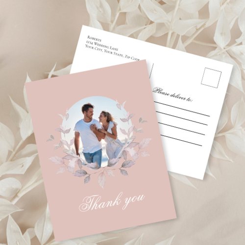 Blush Photo Wedding Thank You Script Wreath Postcard