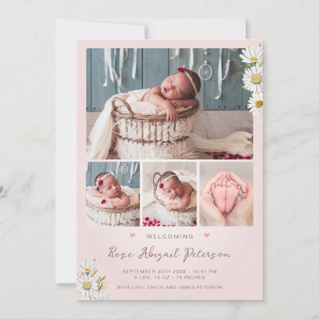 Blush Photo Welcoming Newborn Baby Girl Birth Stat Announcement (Front)