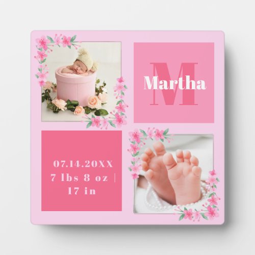 Blush Photo Welcoming Newborn Baby Girl Birth Stat Plaque