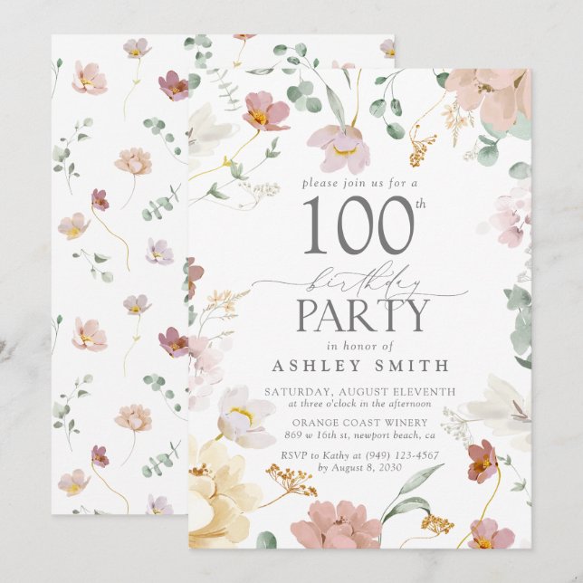 Blush Pink 100th Birthday Party Watercolor Flowers Invitation (Front/Back)