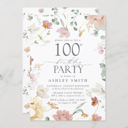Blush Pink 100th Birthday Party Watercolor Flowers Invitation