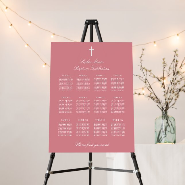 Blush Pink 12 Table Baptism Seating Chart Foam Board (In Situ (Stand))
