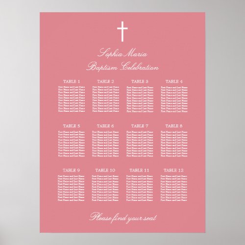 Blush Pink 12 Table Baptism Seating Chart Poster