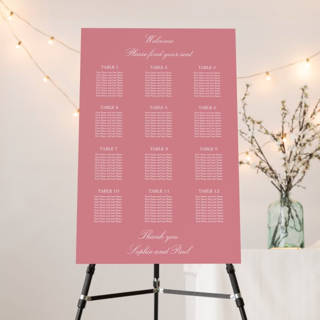 Blush Pink 12 Table Wedding Seating Chart Foam Board (In Situ (Stand))