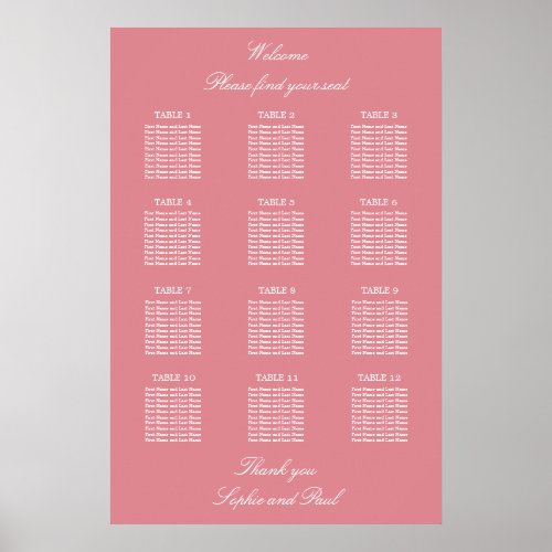 Blush Pink 12 Table Wedding Seating Chart Poster