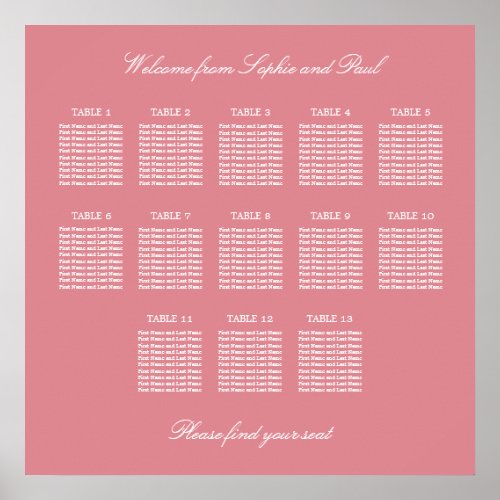 Blush Pink 13 Table Wedding Seating Chart Poster