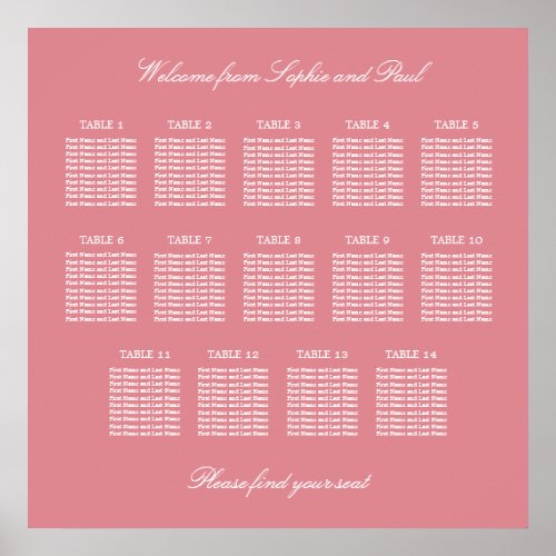Blush Pink 14 Table Wedding Seating Chart Poster