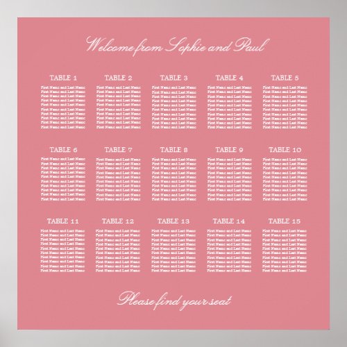 Blush Pink 15 Table Wedding Seating Chart Poster