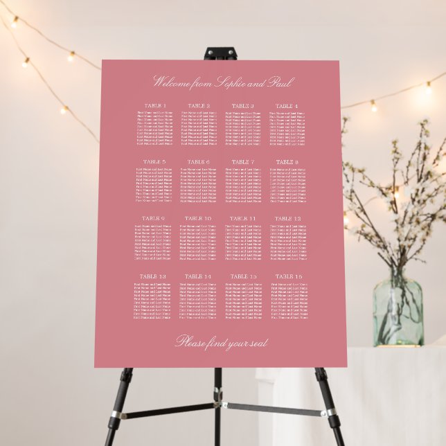 Blush Pink 16 Table Wedding Seating Chart Foam Board (In Situ (Stand))