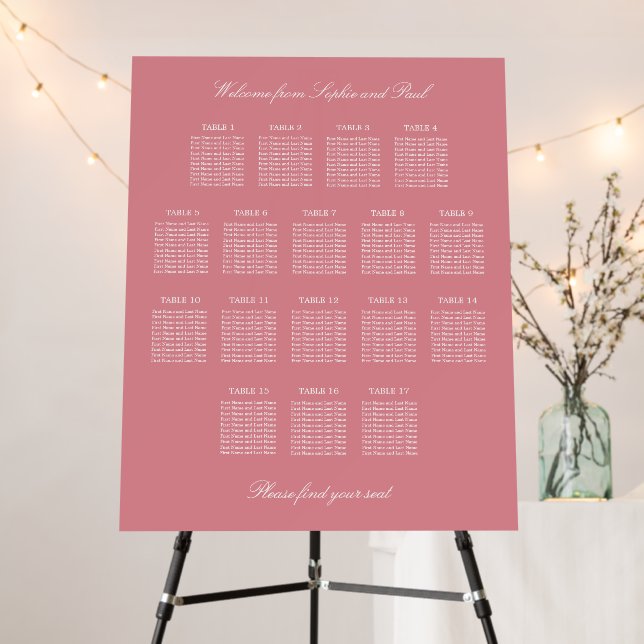 Blush Pink 17 Table Wedding Seating Chart Foam Board (In Situ (Stand))