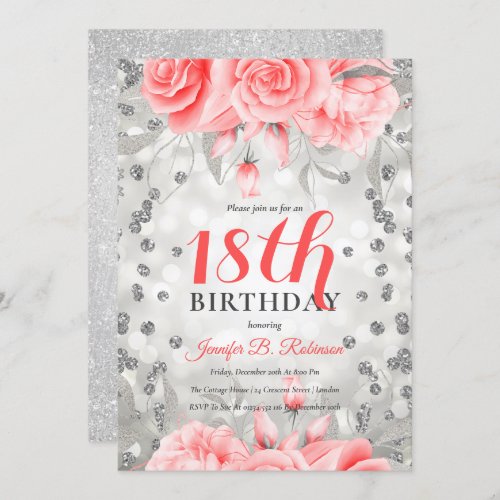 Blush Pink 18th Birthday Floral Silver Glitter Invitation