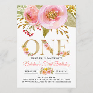 Blush pink 1st Birthday invitation rustic gold