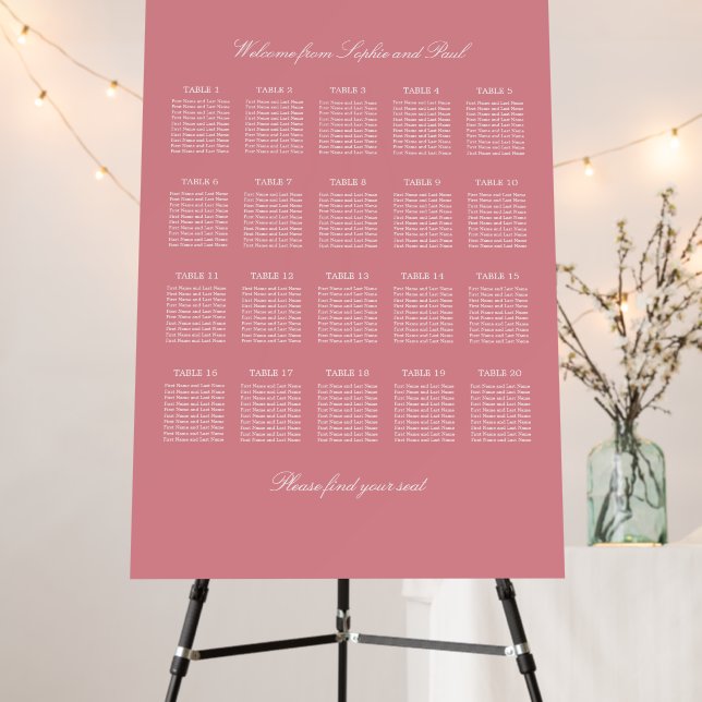 Blush Pink 20 Table Wedding Seating Chart Foam Board (In Situ (Stand))