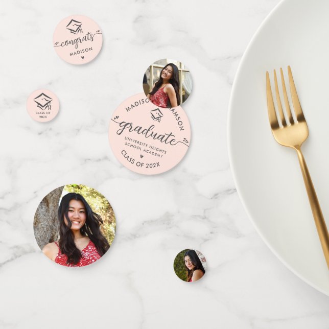Blush Pink 3 Photo Graduation Modern Script Cap Confetti (Group)